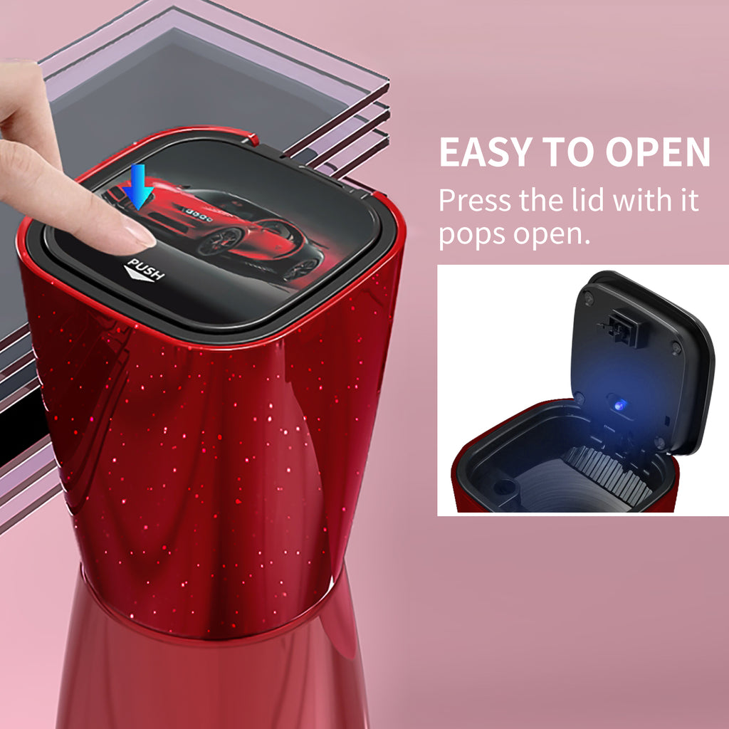 Red Car Ashtray with Lid,Automotive Portable Stainless Steel Ash Tray with Cleaning Stick , Mirrored Shiny Spot Red Led Lighter Cute Car Trash Can