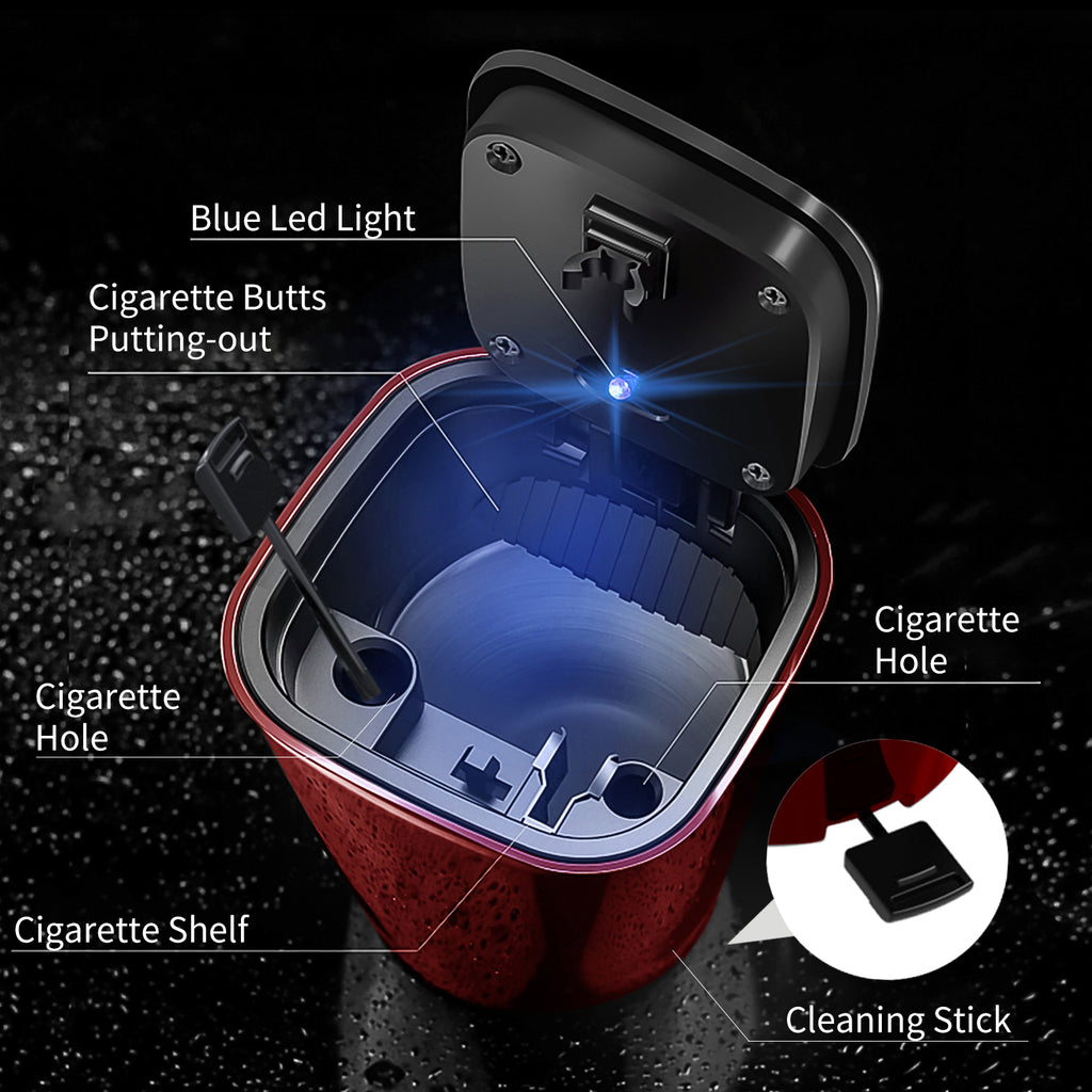 Red Car Ashtray with Lid,Automotive Portable Stainless Steel Ash Tray with Cleaning Stick , Mirrored Shiny Spot Red Led Lighter Cute Car Trash Can