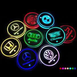 2PCS Car Cup Holder Mat Coaster Pad for Car Brand Logo Switchable 7 Color LED