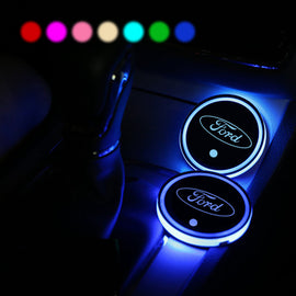2PCS Car Cup Holder Mat Coaster Pad for Ford Logo Switchable 7 Color LED