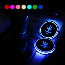 2PCS Car Cup Holder Mat Coaster Pad for Maserati Logo Switchable 7 Color LED