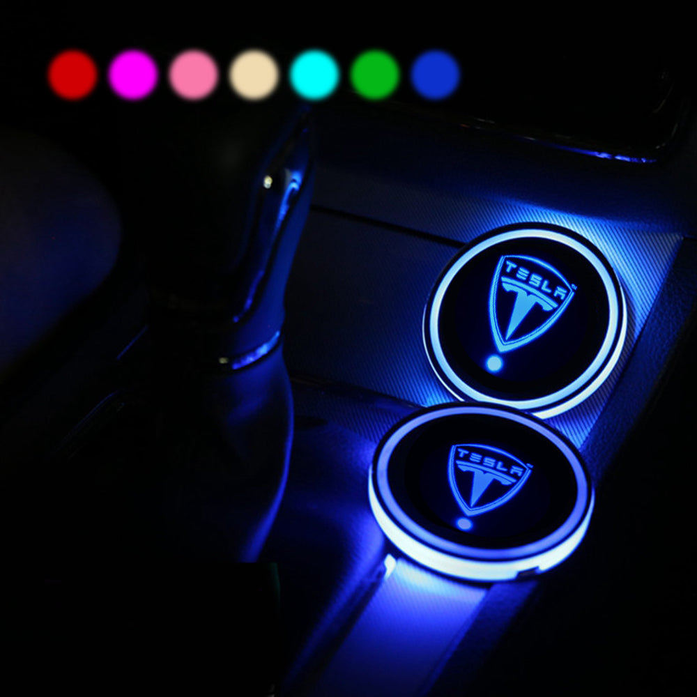 2PCS Car Cup Holder Mat Coaster Pad for Tesla Logo Switchable 7 Color LED