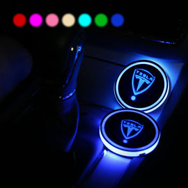 2PCS Car Cup Holder Mat Coaster Pad for Tesla Logo Switchable 7 Color LED