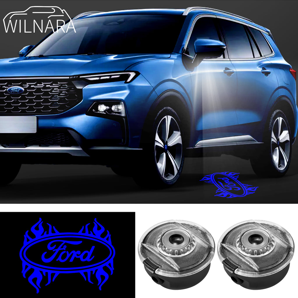 2PCS WILNARA HD Side Rear View Mirror Puddle Cool Red Fire Ford Logo Led Shadow Ghost Lights Lamps Projector for Ford